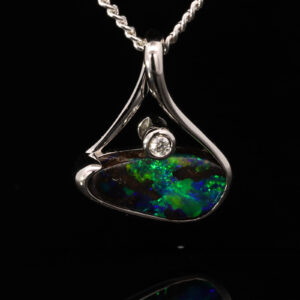 White Gold Blue Green Solid Australian Boulder Opal and Diamond Pendant Necklace