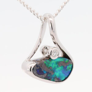 White Gold Blue Green Solid Australian Boulder Opal and Diamond Pendant Necklace