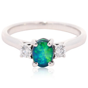 White Gold Blue Green Black Opal and Diamond Ring