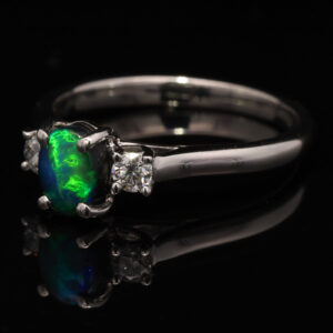 White Gold Blue Green Solid Australian Black Opal and Diamond Engagement Ring