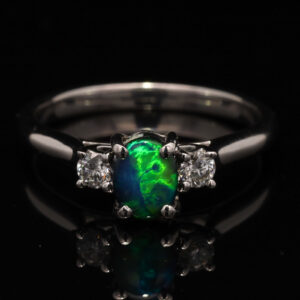 White Gold Blue Green Solid Australian Black Opal and Diamond Engagement Ring