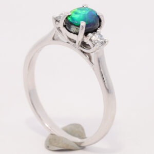 White Gold Blue Green Solid Australian Black Opal and Diamond Engagement Ring