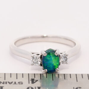 White Gold Blue Green Solid Australian Black Opal and Diamond Engagement Ring