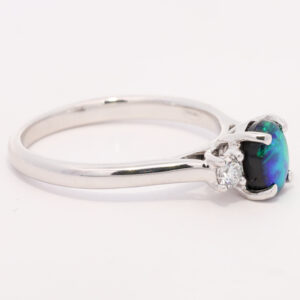 White Gold Blue Green Solid Australian Black Opal and Diamond Engagement Ring