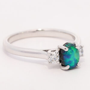 White Gold Blue Green Solid Australian Black Opal and Diamond Engagement Ring