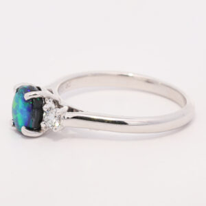 White Gold Blue Green Solid Australian Black Opal and Diamond Engagement Ring