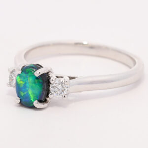 White Gold Blue Green Solid Australian Black Opal and Diamond Engagement Ring