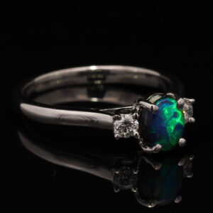 White Gold Blue Green Solid Australian Black Opal and Diamond Engagement Ring