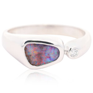 White Gold Blue Green Red Purple Solid Australian Boulder Opal and Diamond Engagement Ring