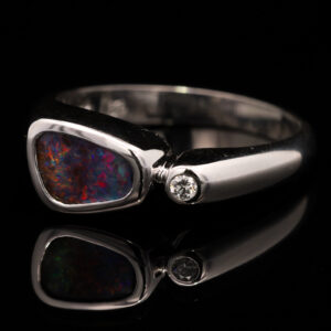 White Gold Blue Green Red Purple Boulder Opal and Diamond Ring