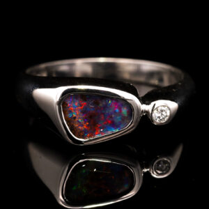 White Gold Blue Green Red Purple Boulder Opal and Diamond Ring