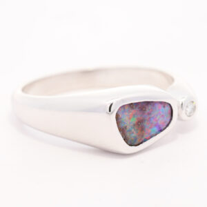 White Gold Blue Green Red Purple Boulder Opal and Diamond Ring