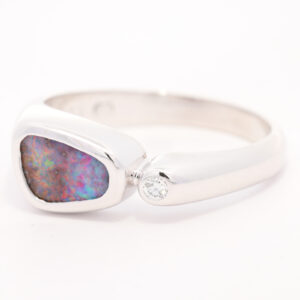 White Gold Blue Green Red Purple Boulder Opal and Diamond Ring