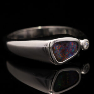 White Gold Blue Green Red Purple Boulder Opal and Diamond Ring