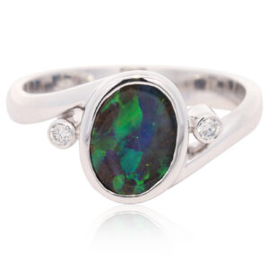 White Gold Blue Green Yellow Orange Solid Australian Boulder Opal and Diamond Engagement Ring