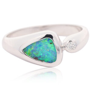 White Gold Blue Green Yellow Boulder Opal and Diamond Ring