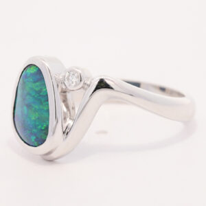 White Gold Blue Green Solid Australian Black Opal and Diamond Engagement Ring