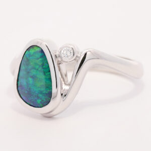 White Gold Blue Green Solid Australian Black Opal and Diamond Engagement Ring