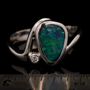 White Gold Blue Green Solid Australian Black Opal and Diamond Engagement Ring