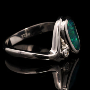 White Gold Blue Green Solid Australian Black Opal and Diamond Engagement Ring