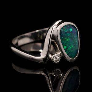 White Gold Blue Green Solid Australian Black Opal and Diamond Engagement Ring