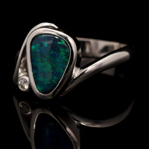 White Gold Blue Green Solid Australian Black Opal and Diamond Engagement Ring