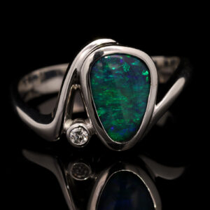 White Gold Blue Green Solid Australian Black Opal and Diamond Engagement Ring