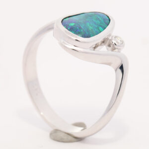 White Gold Blue Green Solid Australian Black Opal and Diamond Engagement Ring