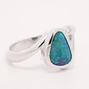 White Gold Blue Green Solid Australian Black Opal and Diamond Engagement Ring