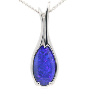 White Gold Blue Purple Solid Australian Black Opal Pendant Necklace