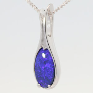 White Gold Blue Purple Solid Australian Black Opal Pendant Necklace