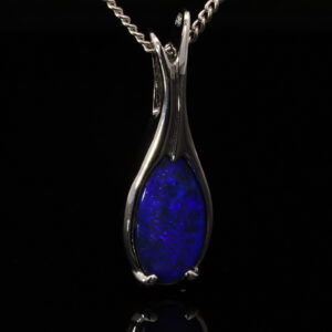 White Gold Blue Purple Solid Australian Black Opal Pendant Necklace