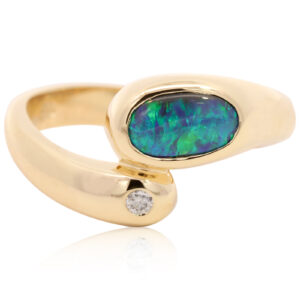 Yellow Gold Blue Green Black Opal and Diamond Ring