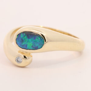 Yellow Gold Blue Green Black Opal and Diamond Ring