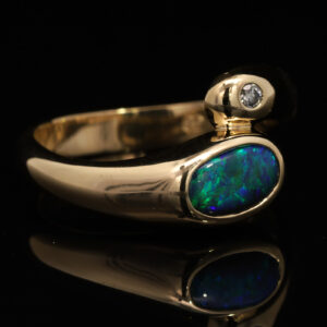 Yellow Gold Blue Green Black Opal and Diamond Ring