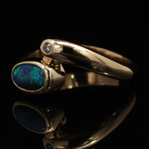 Yellow Gold Blue Green Black Opal and Diamond Ring