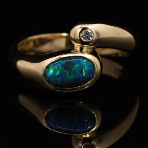 Yellow Gold Blue Green Black Opal and Diamond Ring