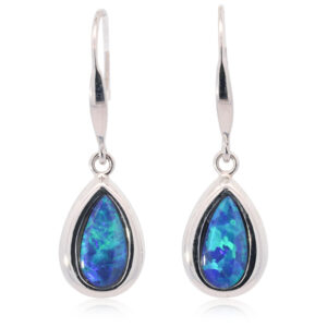 White Gold Blue Green Doublet Opal Earrings