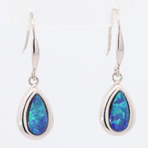 White Gold Blue Green Doublet Opal Earrings