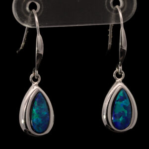 White Gold Blue Green Doublet Opal Earrings