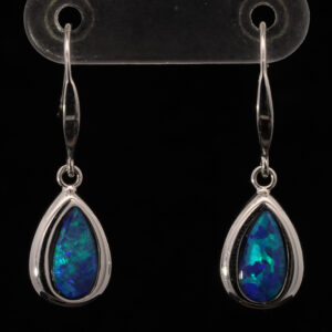 White Gold Blue Green Doublet Opal Earrings