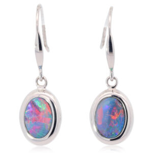 White Gold Blue Green Yellow Orange Red Doublet Opal Earrings