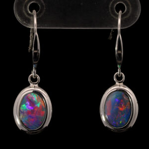 White Gold Blue Green Yellow Orange Red Doublet Opal Earrings