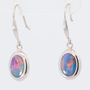 White Gold Blue Green Yellow Orange Red Doublet Opal Earrings