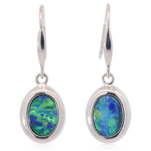 White Gold Blue Green Yellow Orange Doublet Opal Earrings