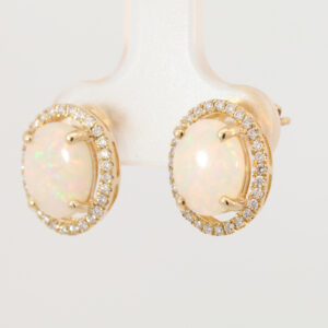 Yellow Gold Blue Green Yellow Orange Pink Solid Australian Crystal Opal and Diamond Earrings