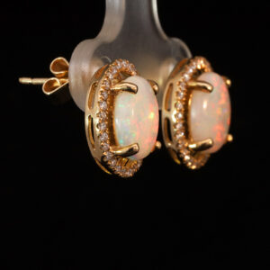 Yellow Gold Blue Green Yellow Orange Pink Solid Australian Crystal Opal and Diamond Earrings