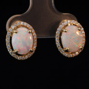 Yellow Gold Blue Green Yellow Orange Pink Solid Australian Crystal Opal and Diamond Earrings