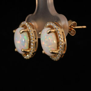 Yellow Gold Blue Green Yellow Orange Pink Solid Australian Crystal Opal and Diamond Earrings