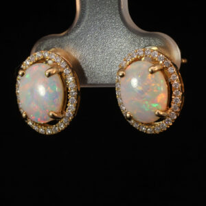 Yellow Gold Blue Green Yellow Orange Pink Solid Australian Crystal Opal and Diamond Earrings